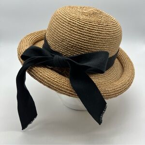 Helen Kaminski Newport II women hat 100% raffia black ribbon bow Made Australia